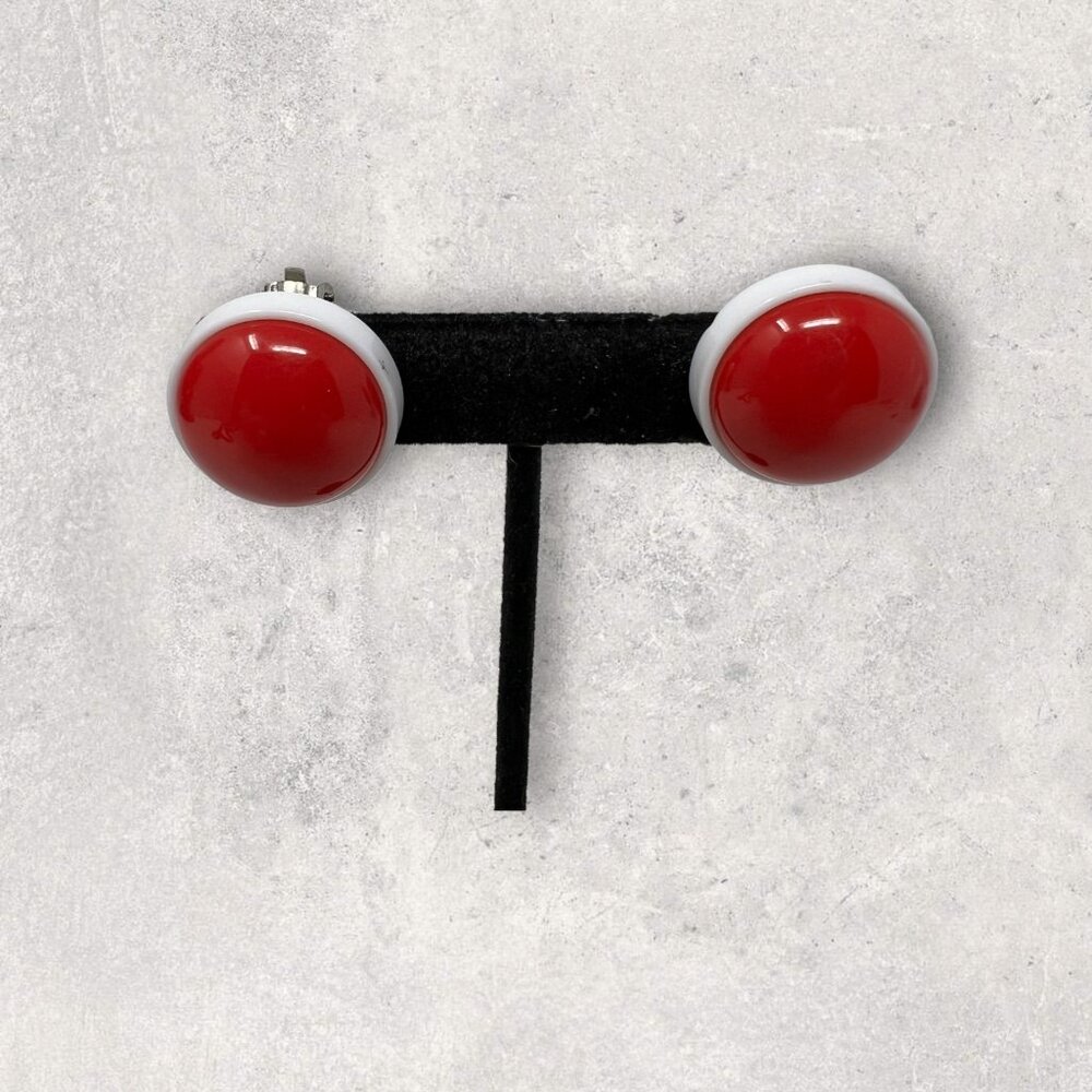 Red White Earrings Round Button Vintage Made in‎ Hong Kong 1960s Retro